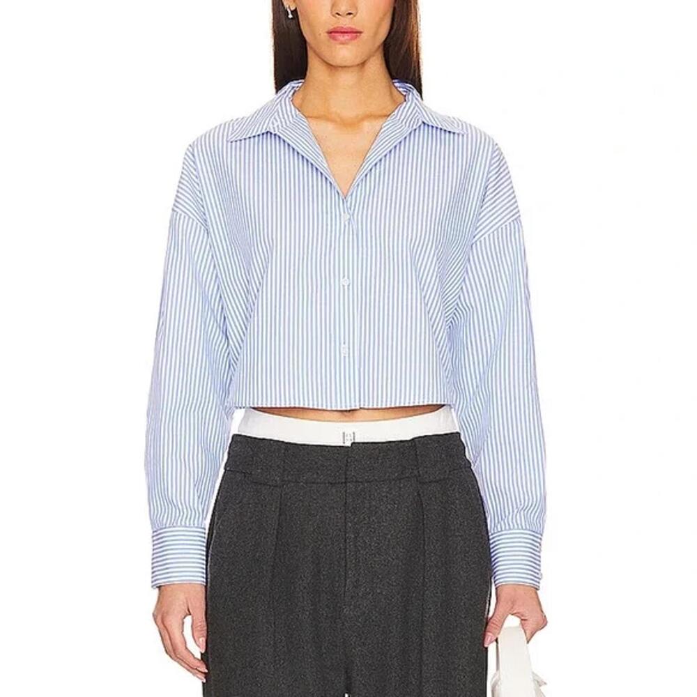 NWT! Favorite Daughter The Crop Stripe Cotton Button-Up Shirt Blue Size XL